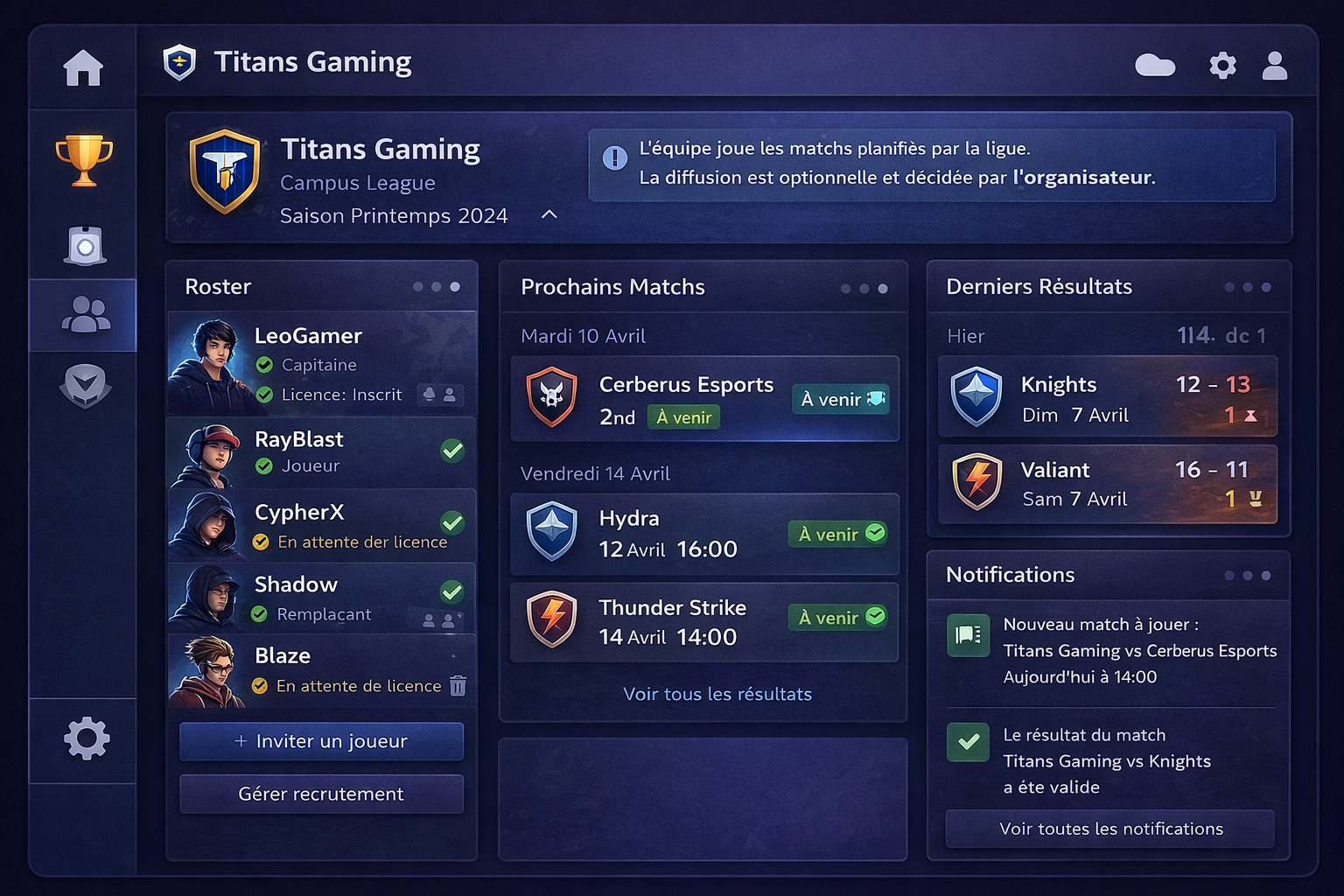 Dashboard équipe : roster, matchs, notifications