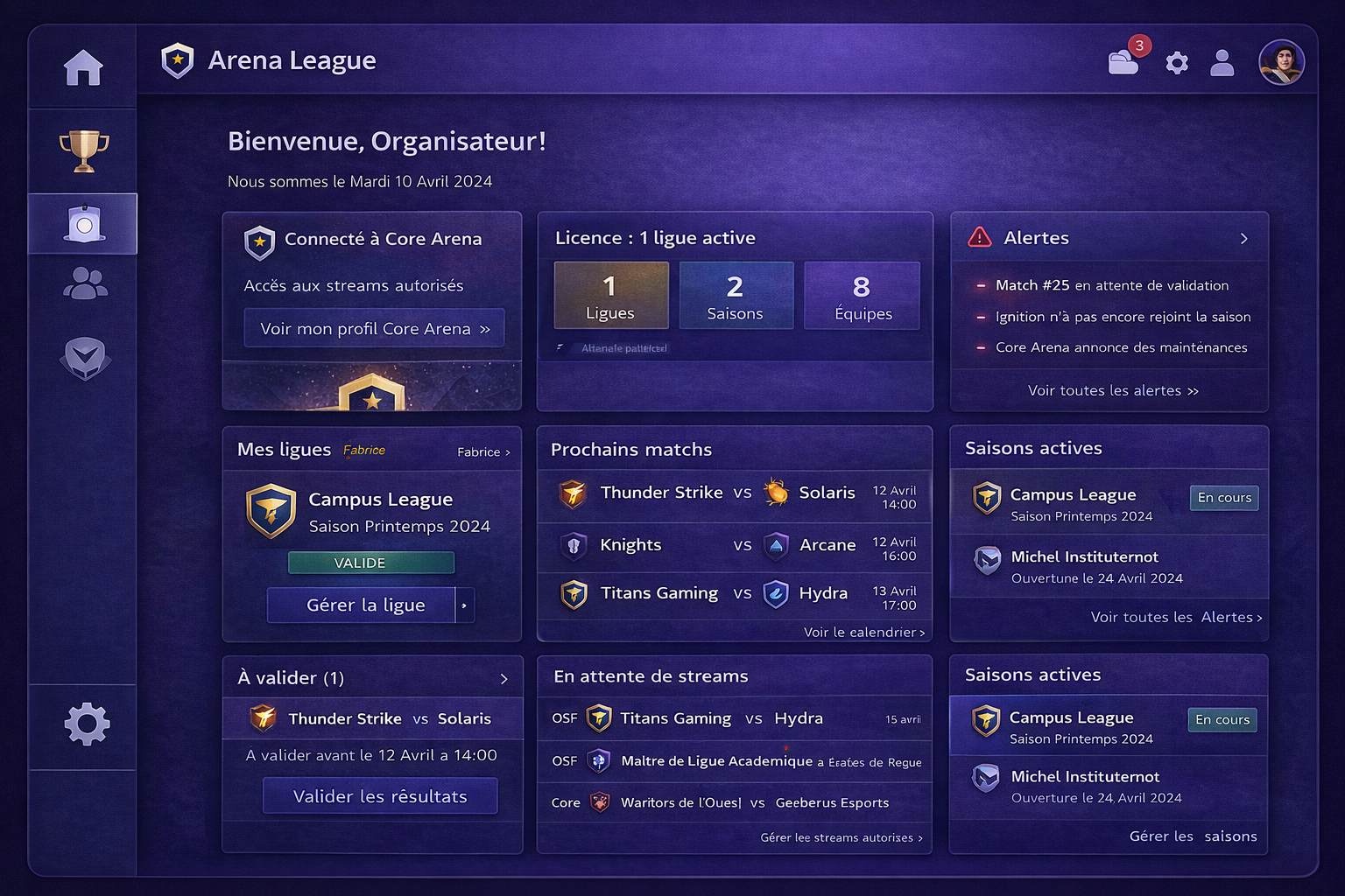 Aperçu Arena League : dashboard organisateur
